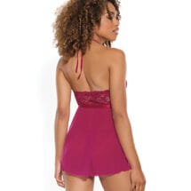 Scallop Stretch Lace & Sheer Mesh Halter Babydoll & Adjustable Thong Raspberry O-S