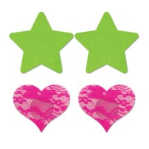 Fantasy UV Reactive Neon Star & Lace Heart Pasties - Green & Pink O-S Pack of 2