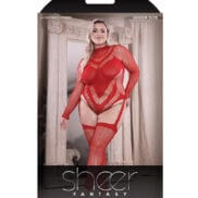 Sheer Infatuation Long Sleeve Teddy w-Attached Footless Stockings Red QN