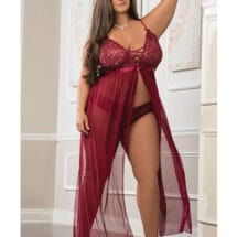 Empire Waist Laced Sheer Long Dress & Panty Mulled Wine QN