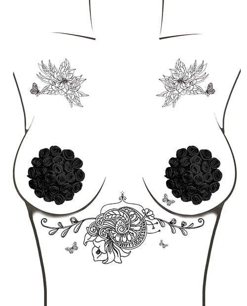 Neva Nude Burlesque Nightfall Roses Reusable Silicone Pasties - Black O-S