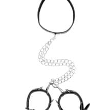 Shots Ouch Black & White Bonded Leather Collar w-Hand Cuffs - Black