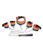 Master Series Kinky Pride Rainbow Bondage Set - Wrist & Ankle Cuffs & Collar w-Leash