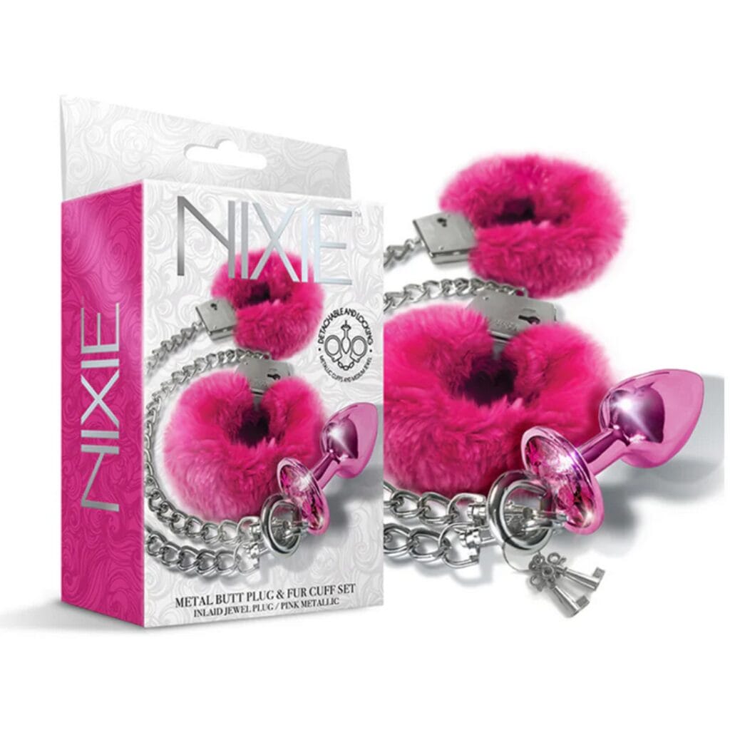 Nixie Metal Plug Furry Handcuff Set Pink Metallic 1